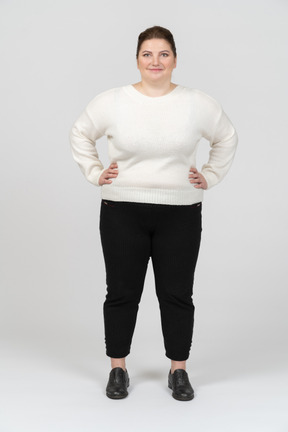 Happy plump woman in casual clothes looking at camera