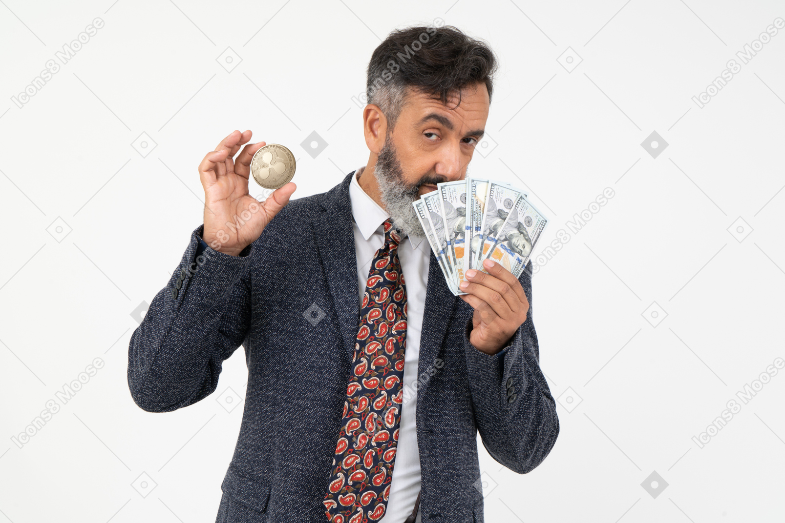 Mature man smelling dollar banknotes