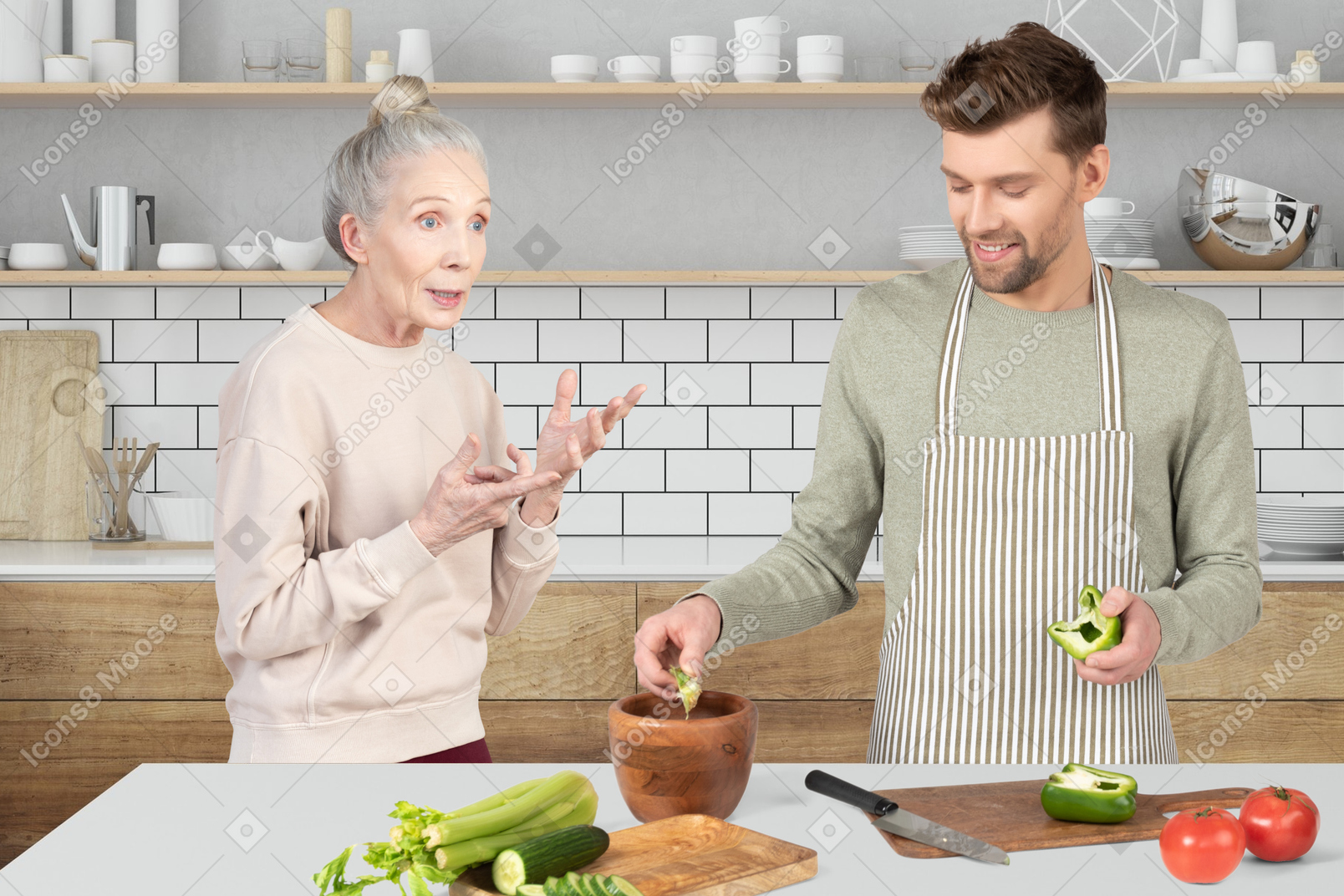 A man and woman in the kitchen preparing food
