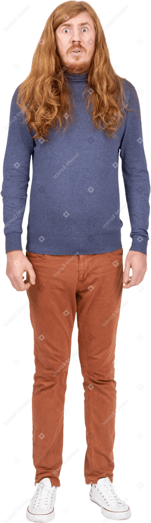 Front view of a scared young man in casual clothes