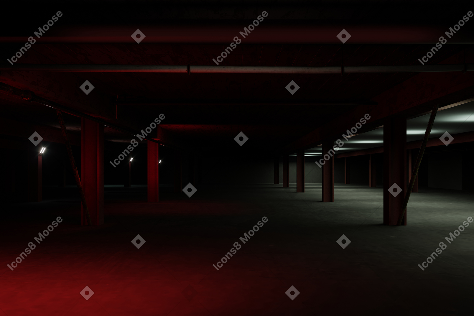 Dark underground car park with red light