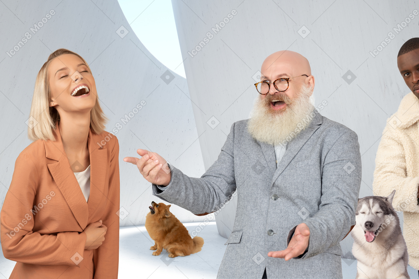 Young woman and mature man laughing about something next to serious young man