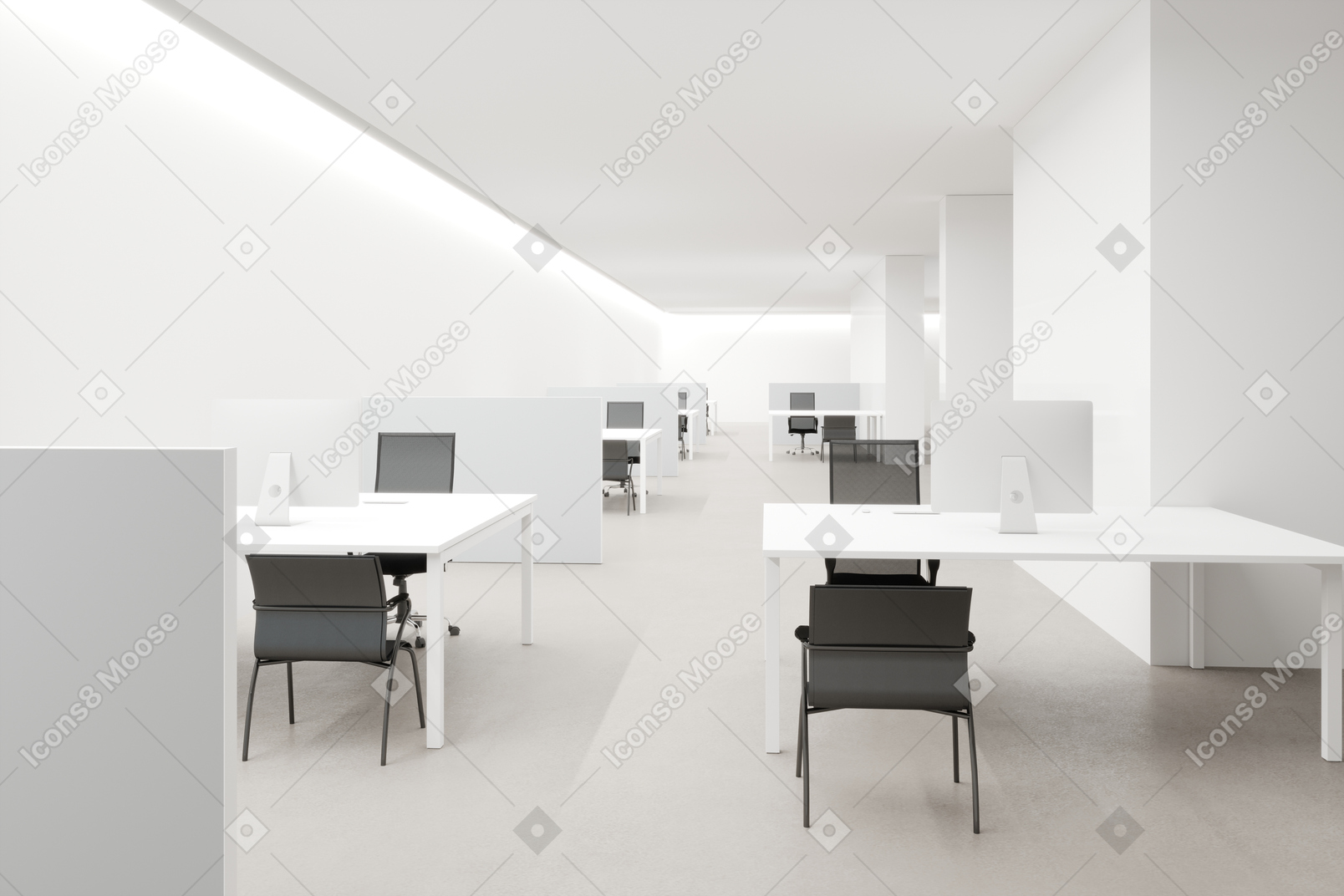 Workplace with white walls, desks and office chairs