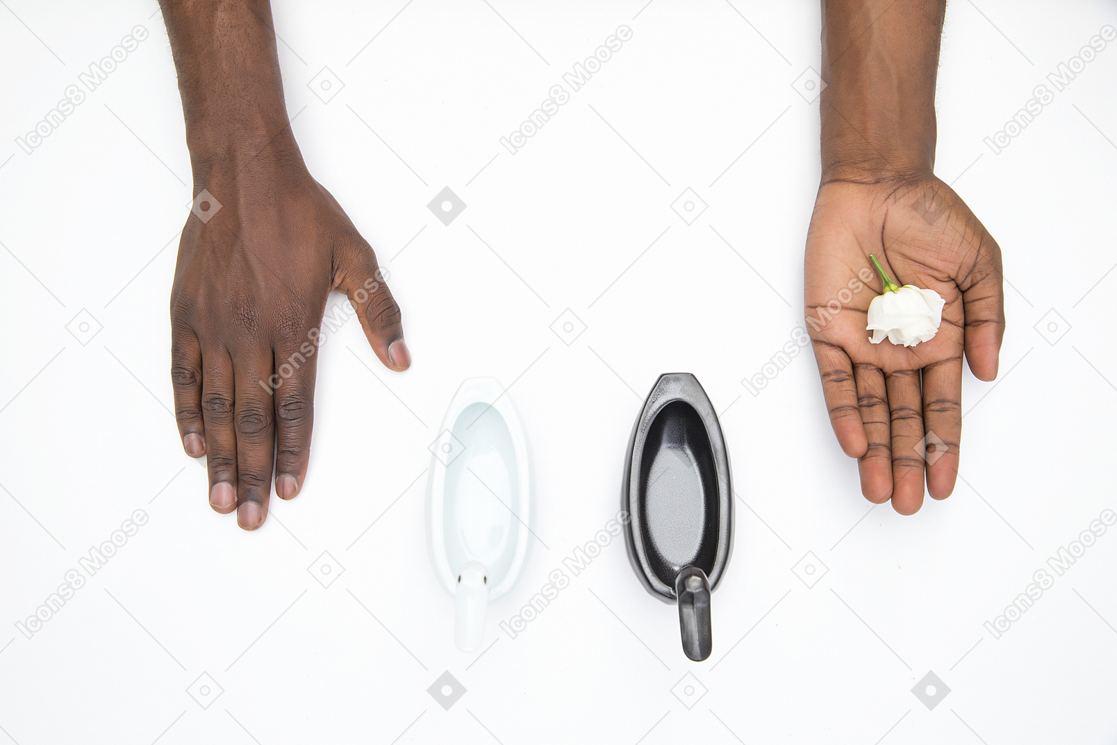 Black male hands holding white flowers