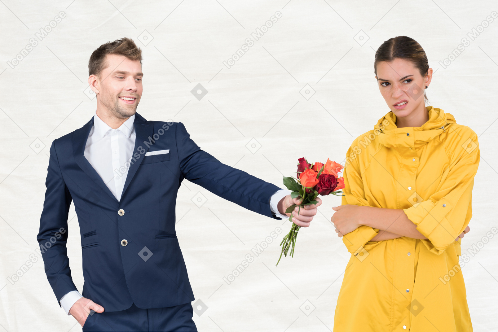 Man in blue suit giving bouquet to angry woman in yellow raincoat