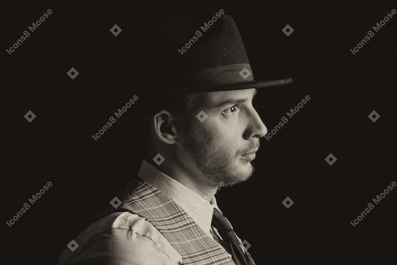 Portrait of a handsome gentleman in hat in profile