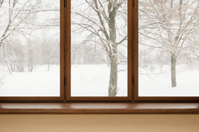 Window with snowy landscape outside