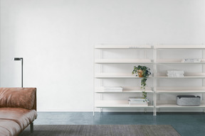A simple interior with a sofa and a bookshelf
