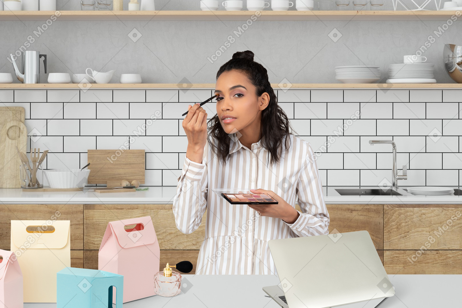 A woman applying eyeshadows at the table with products
