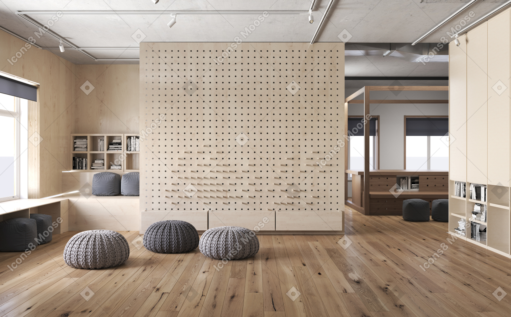 Interior moderno com paredes de madeira e área de estar