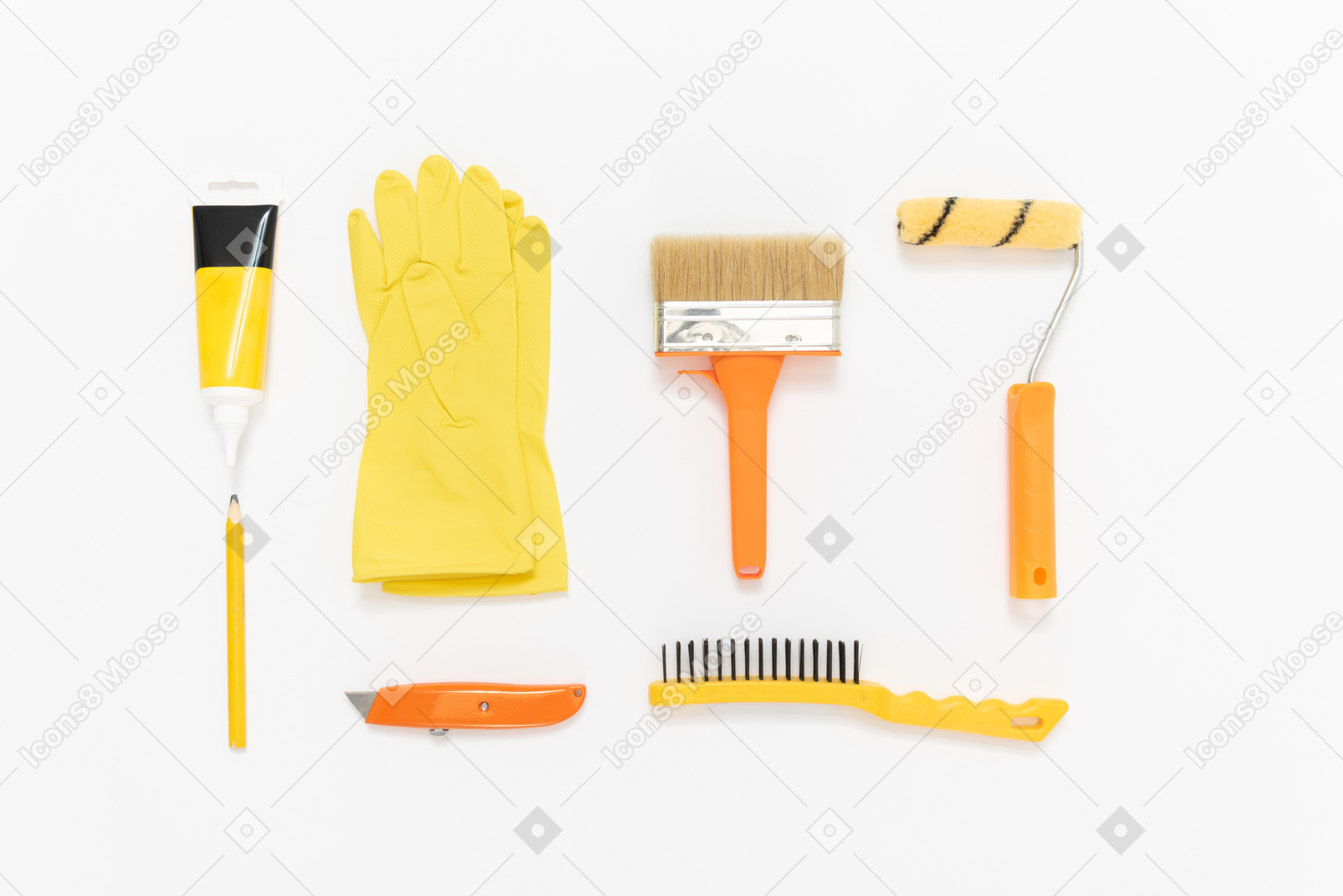 A set of painting tools arranged neatly on the white background