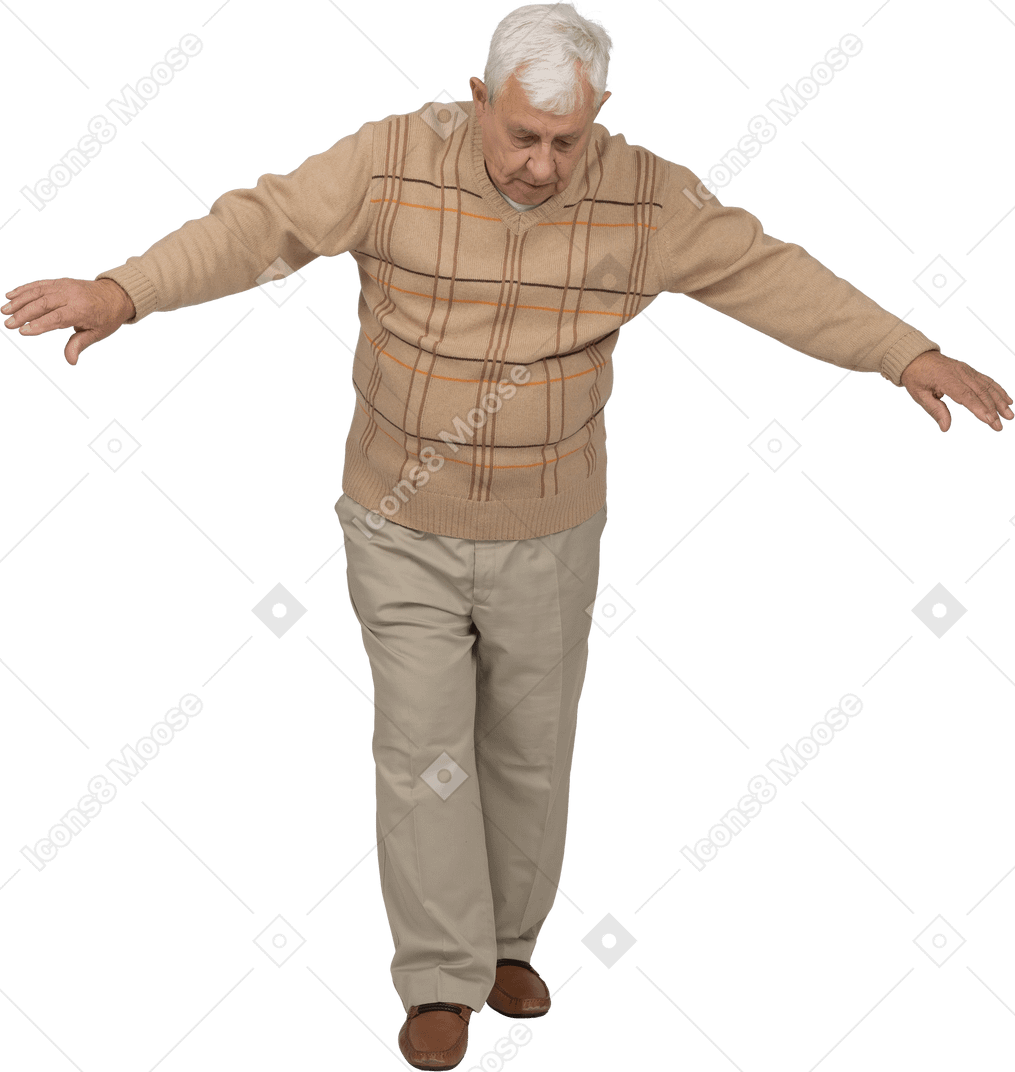 Front view of an old man in casual clothes walking forward with outstretched arms