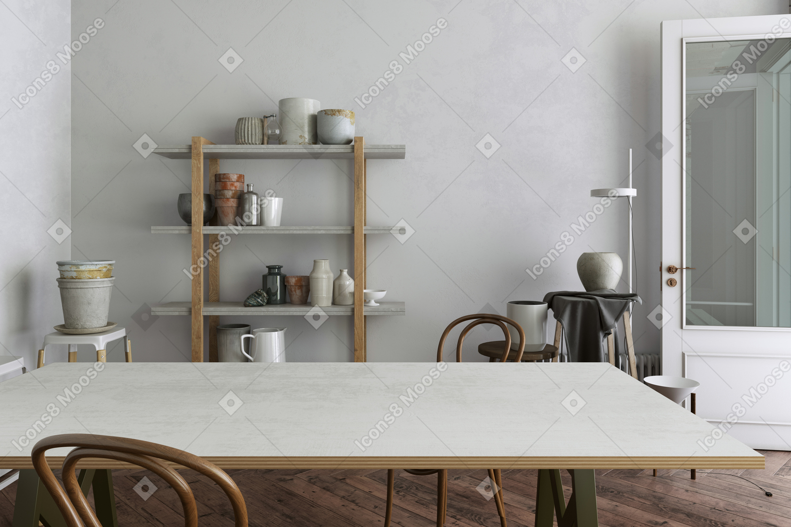 Room with a large table and ceramic pots and vases