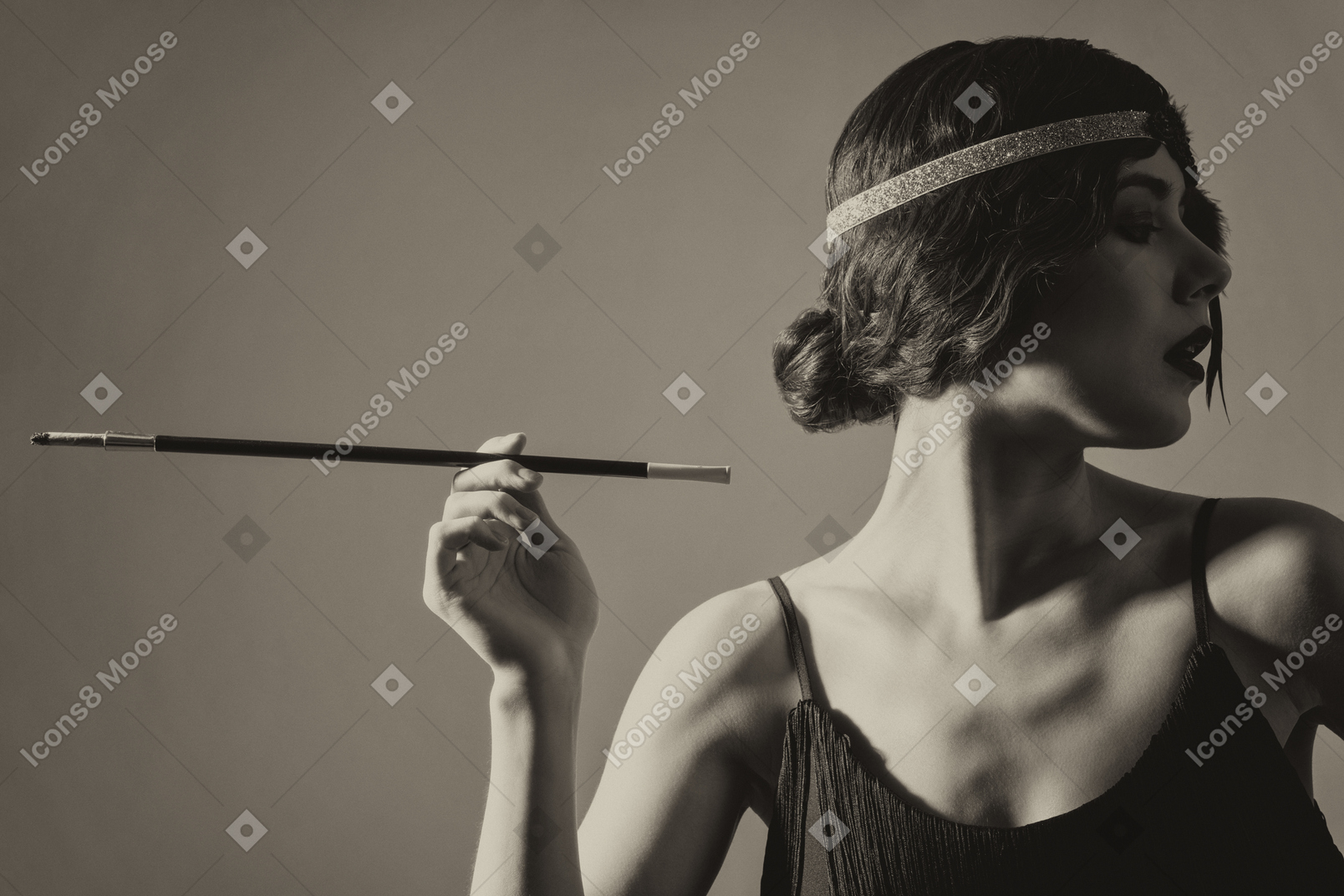 Black and white portrait of a flapper smoking cigarette