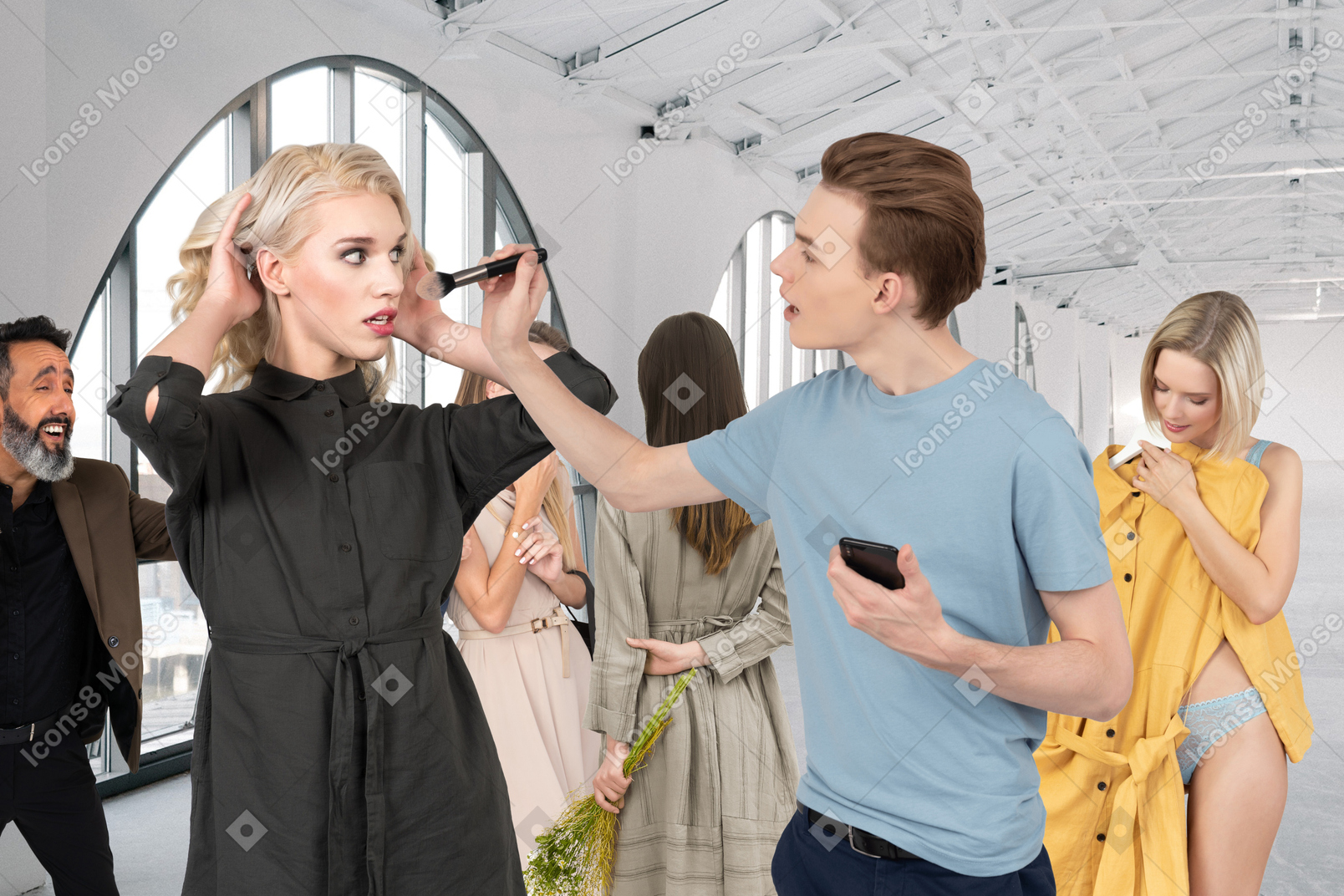 Fashion designer prepares backstage at the fashion show during fashion week