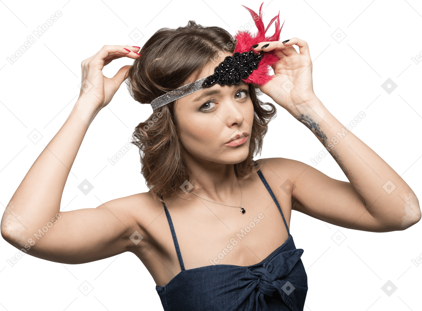 Woman wearing a retro head tie with red flower