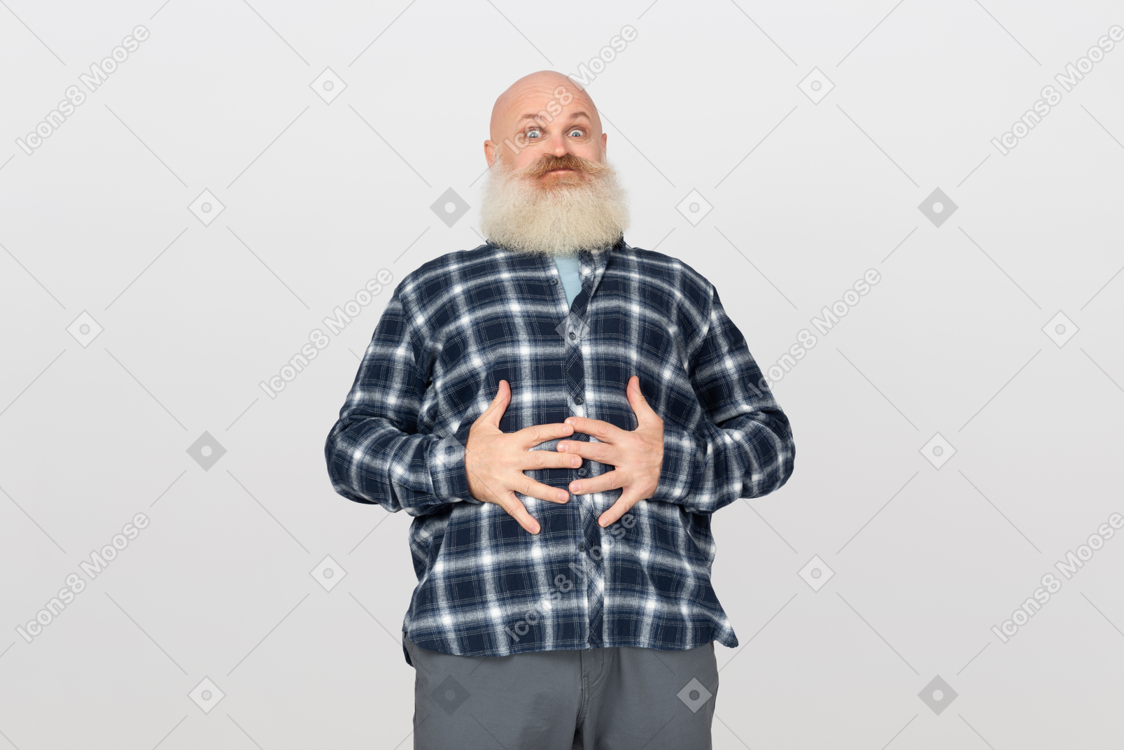 Mature bearded man holding his belly in both hands