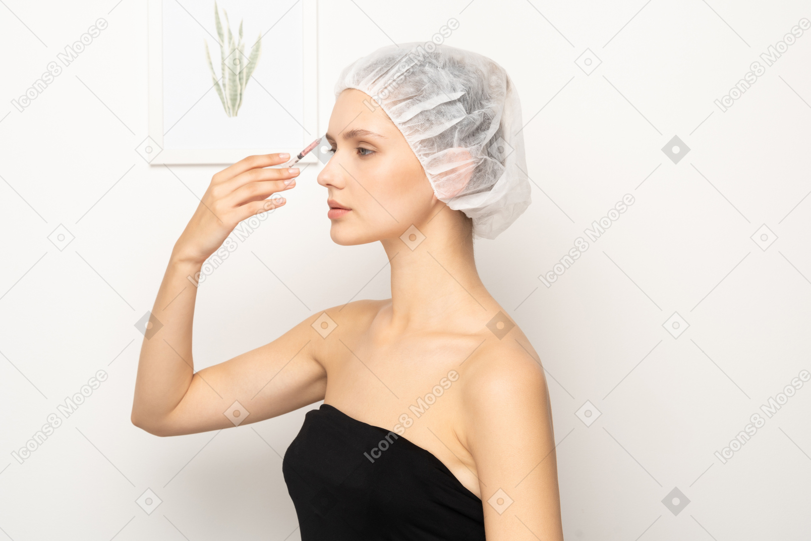 Side view of a woman making injection to her face