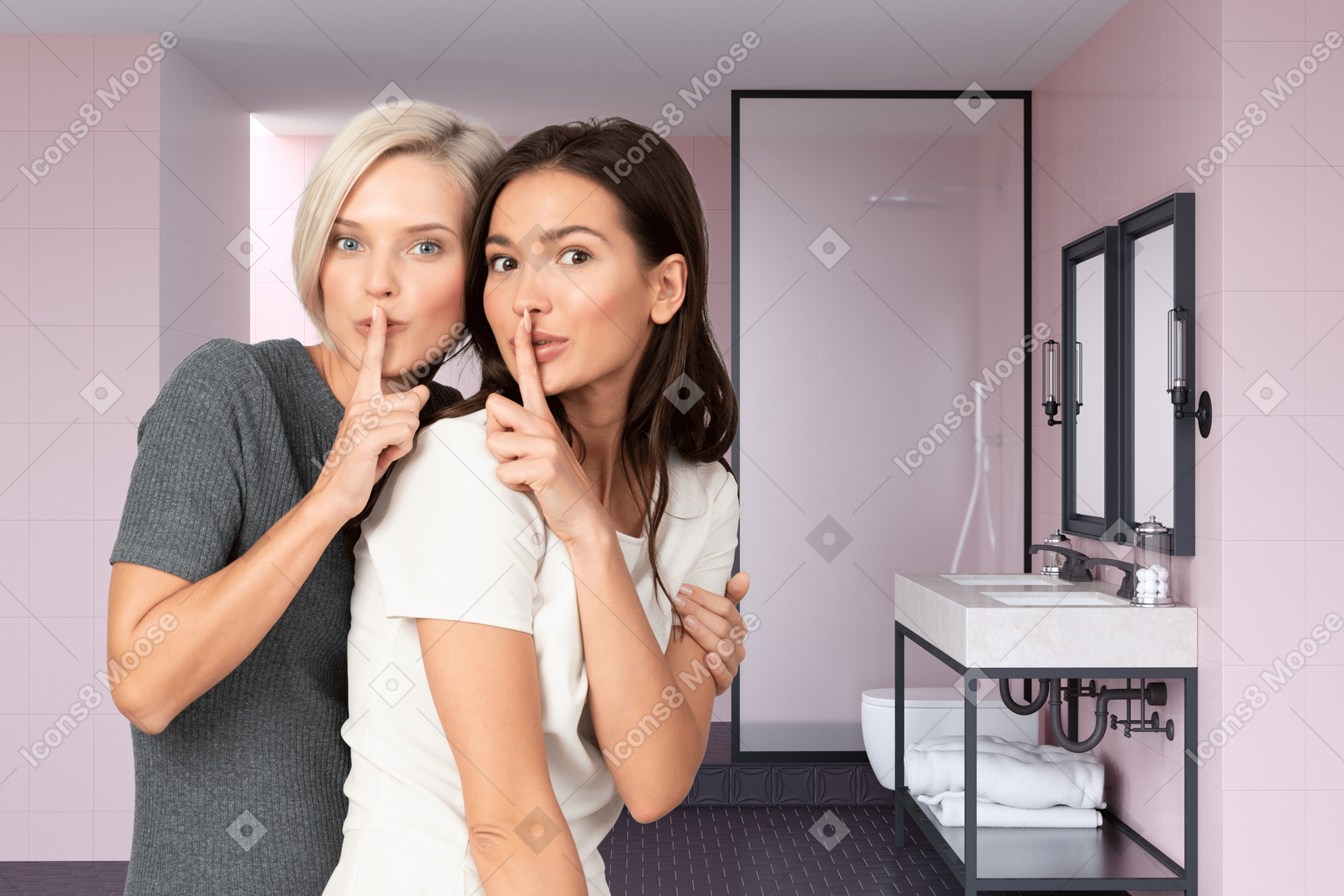 A woman holding a mirror in her bathroom