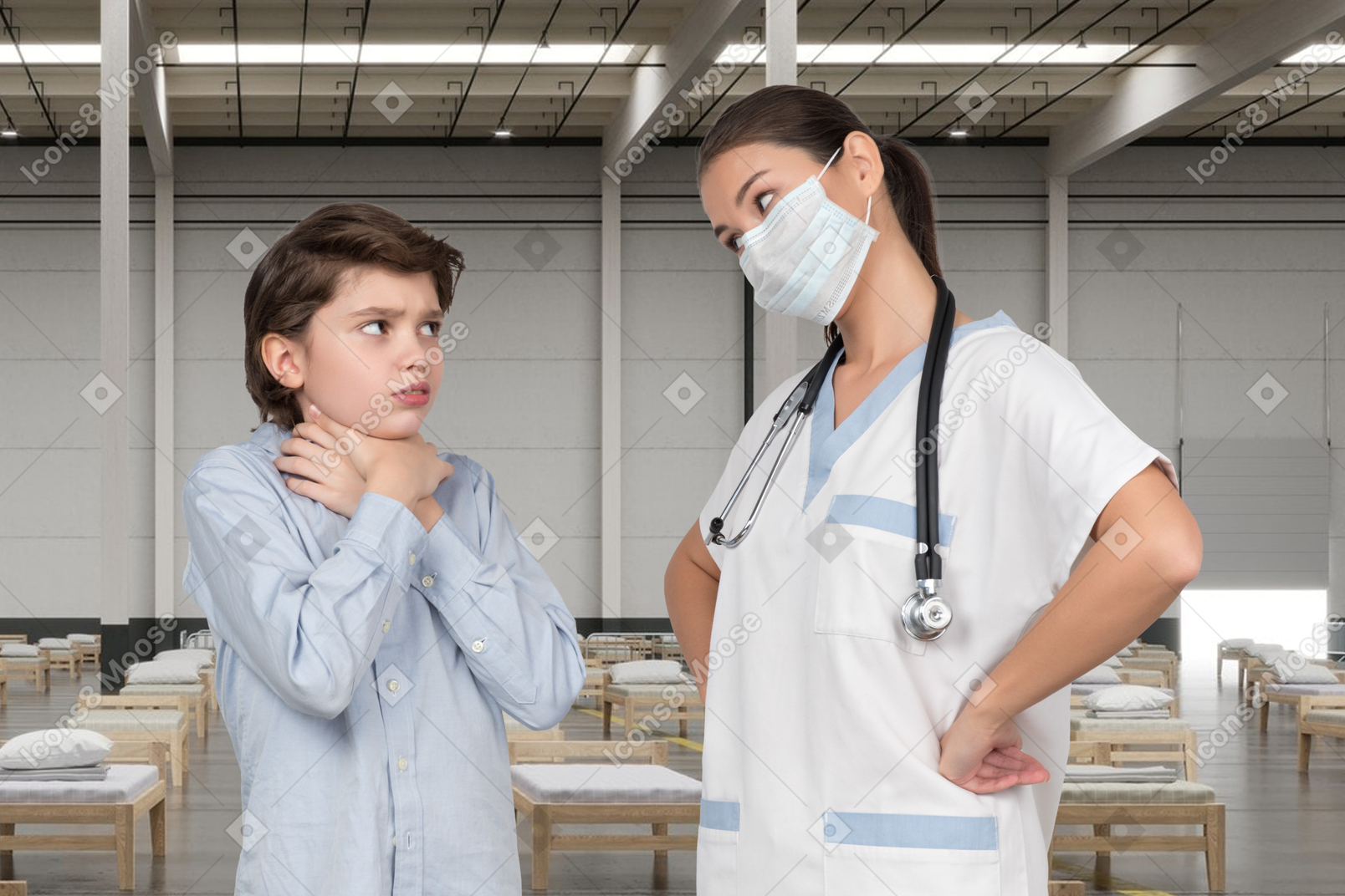 Boy shows a nurse that his throat hurts