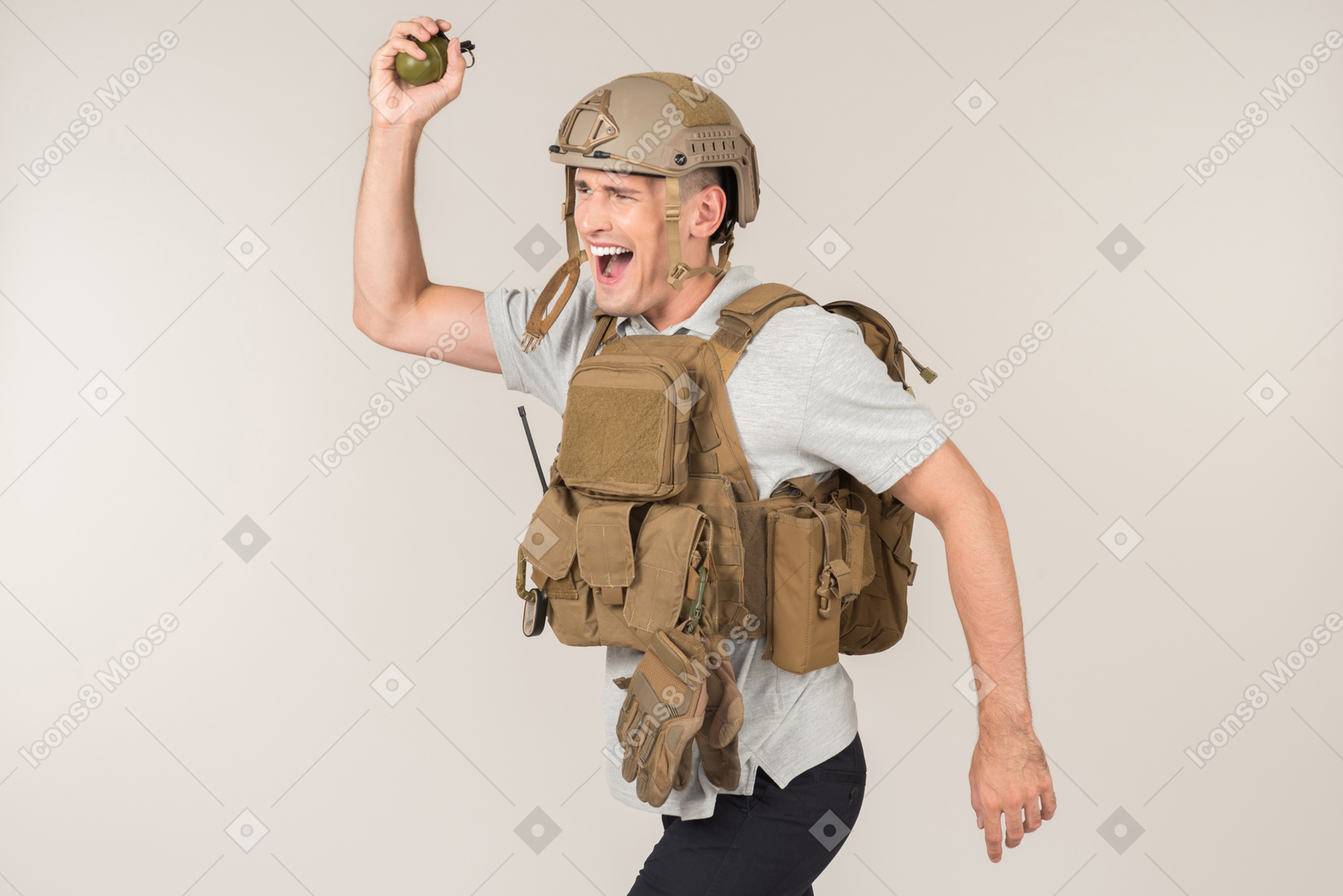 Male journalist screaming and going to throw a grenade