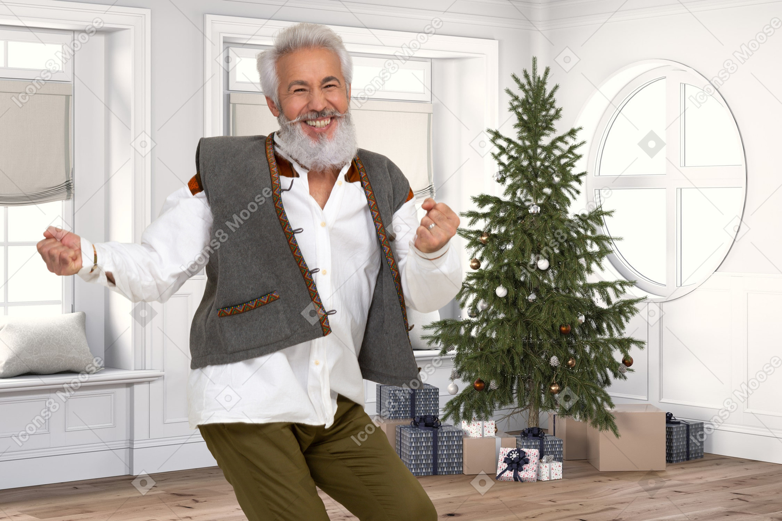 A man in a vest and bow tie dancing in front of a christmas tree