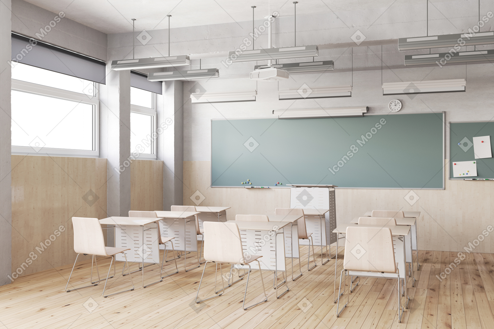 책상, 의자, 칠판이 있는 교실