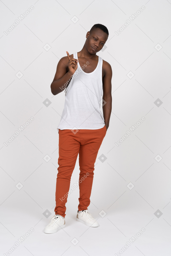 Front view of black man pointing up