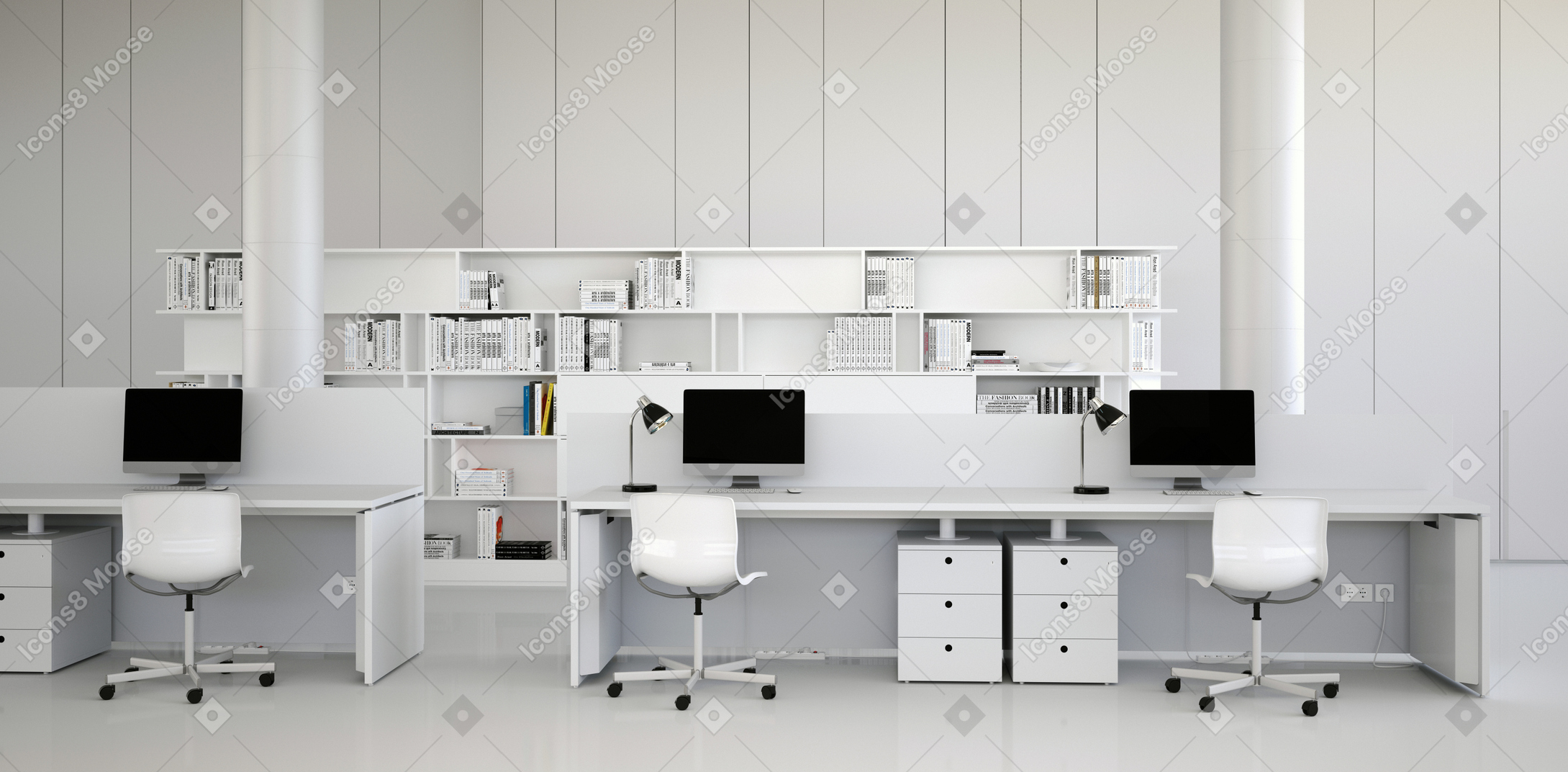 White office space with desktop computers and office chairs