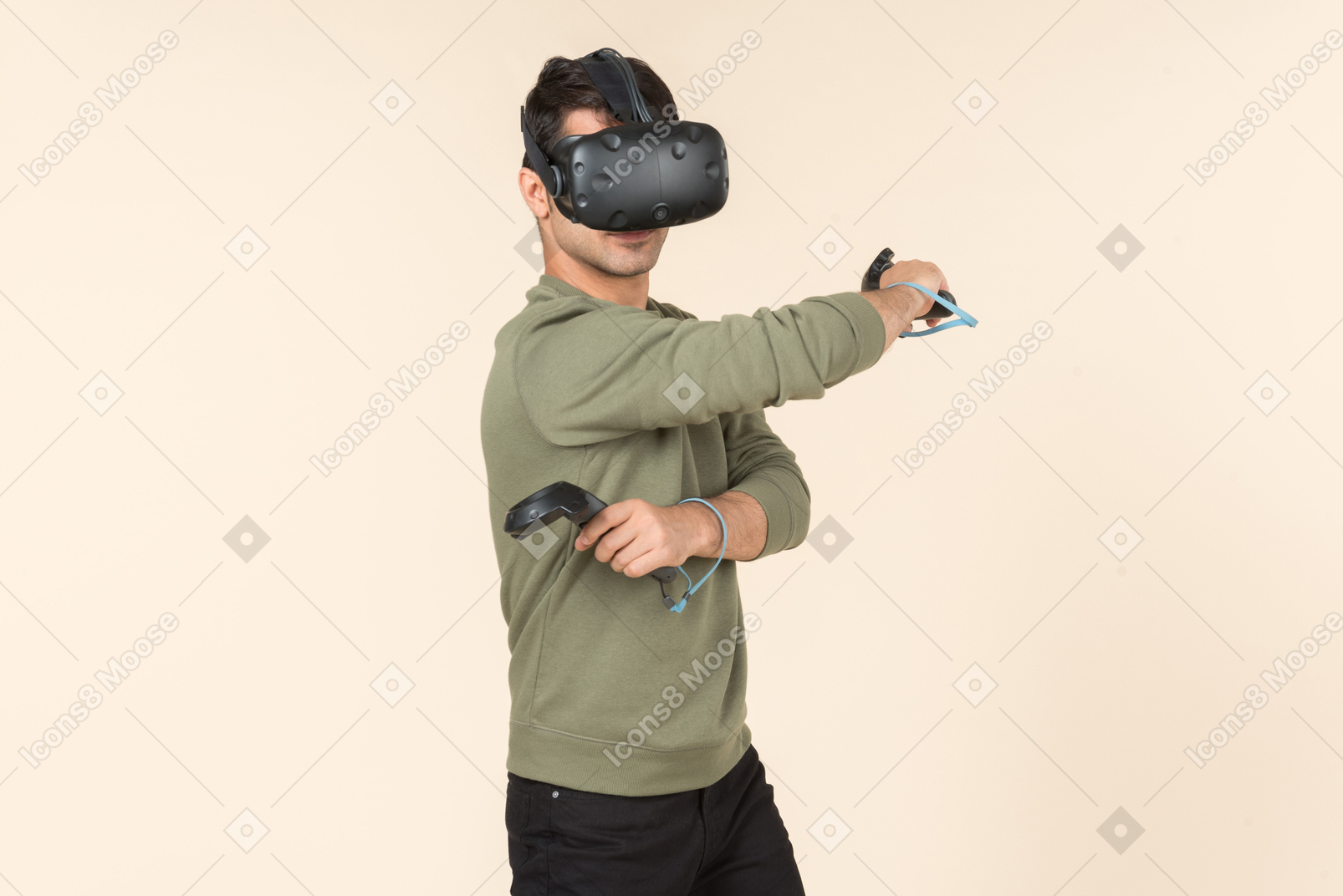 Young caucasian guy playing a virtual reality game