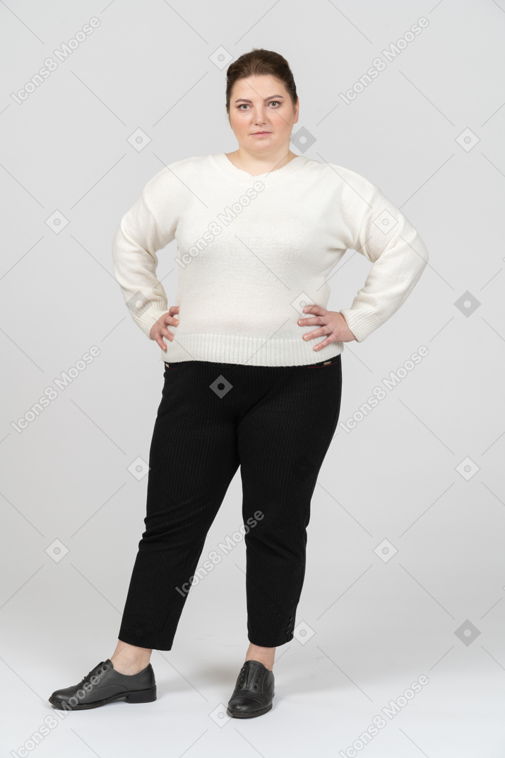 腰に手を当てて立っている白いセーターのふっくらした女性