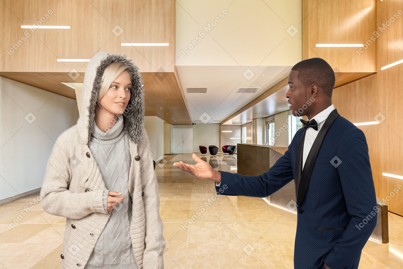Doorman asking a lost woman where she's heading