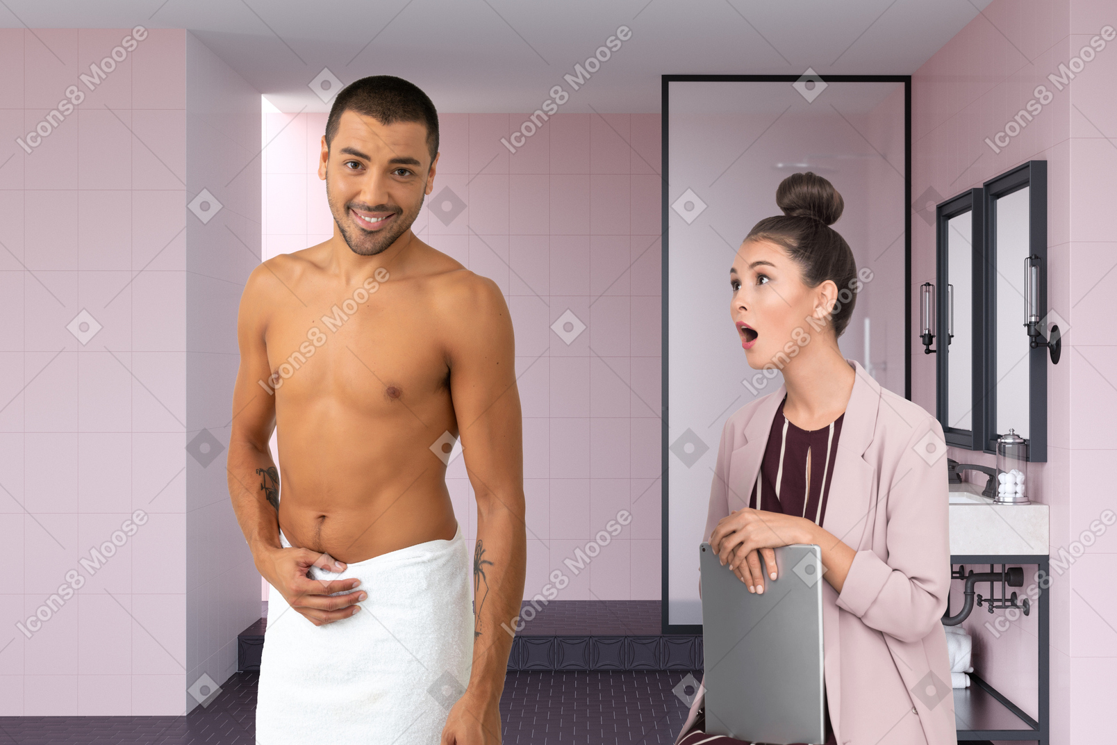 Surprised woman looking at half naked man in bathroom