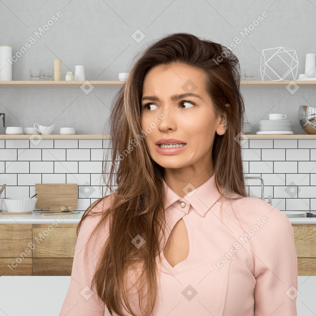 Young woman in pink dress looking confused
