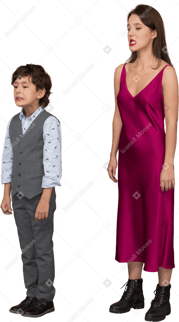 Side view of a young woman in red dress and boy
