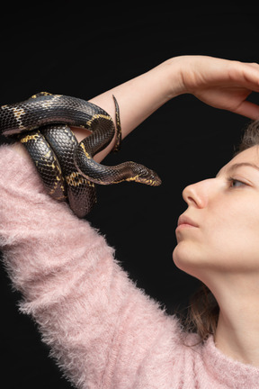 Serpente nero a strisce che curva intorno alla mano della donna