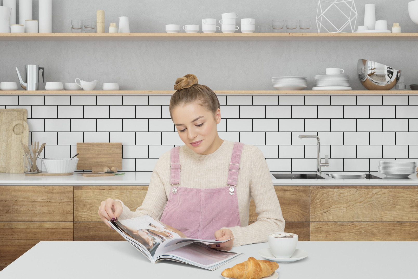 Woman reading a newspaper in the kitchen
