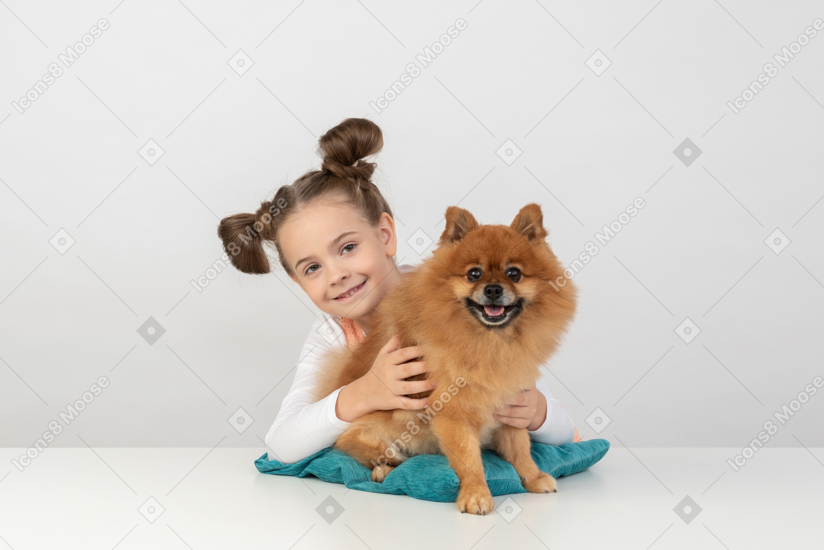 Niña abrazando a un perro de pomerania que está sentado sobre una almohada azul