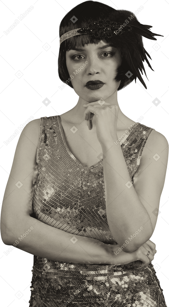 Black and white portrait of a retro woman in sequin dress