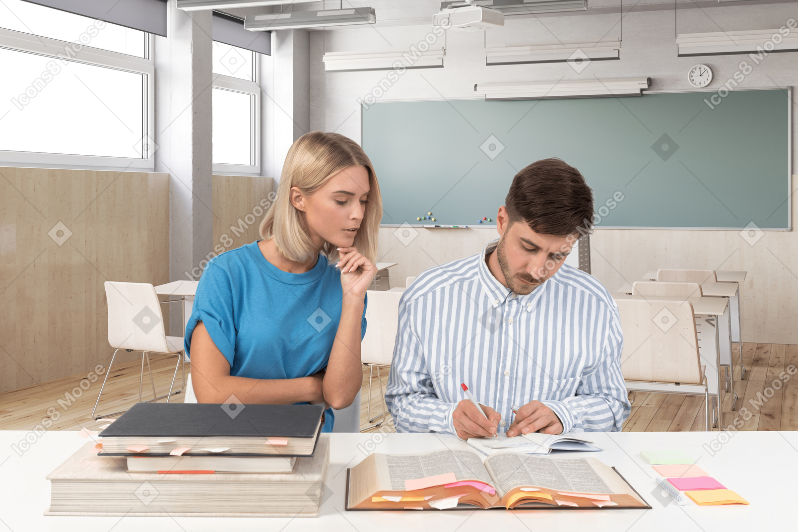Hombre y mujer estudiando en un salón de clases