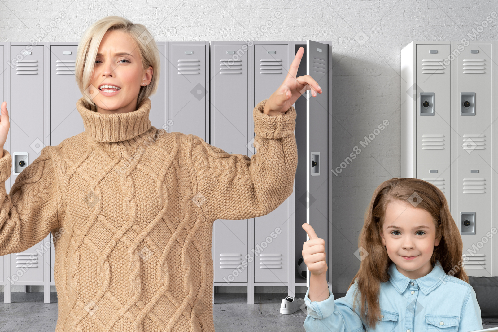 A woman standing next to a little girl in front of lockers