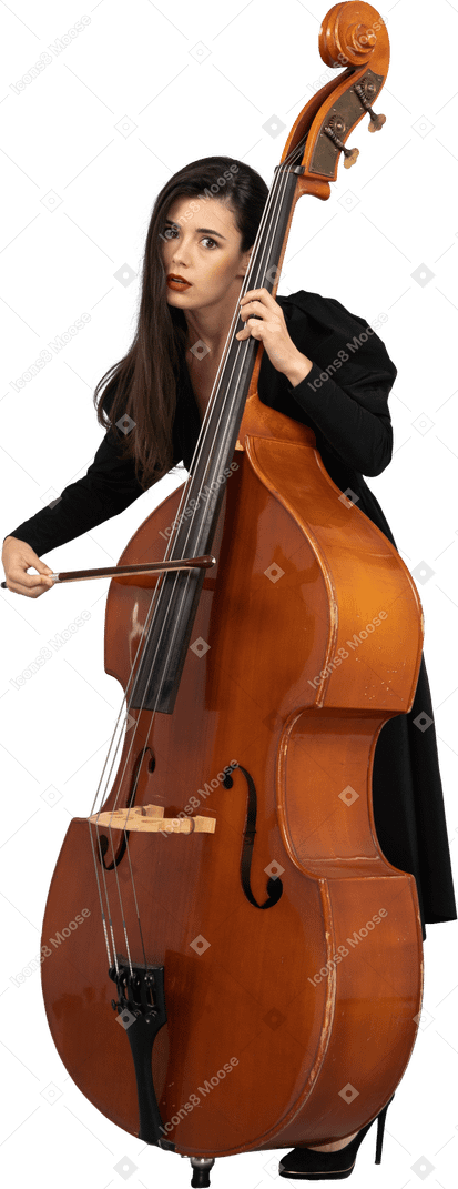 Vista di tre quarti di una giovane donna in abito nero che suona il contrabbasso con un arco