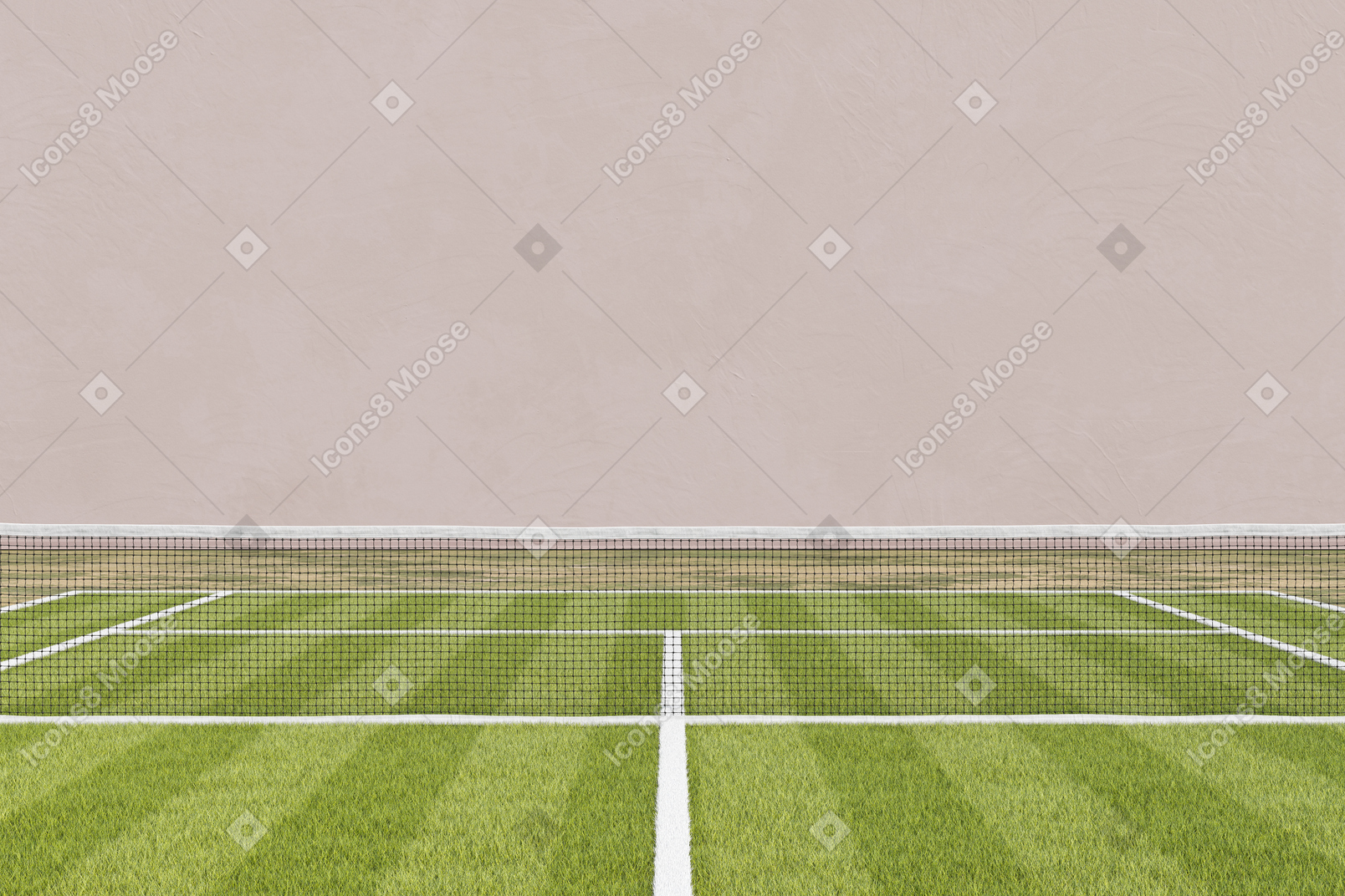 テニスネットのある芝生のテニスコート
