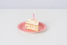 Piece of cake with a candle on a pink plate