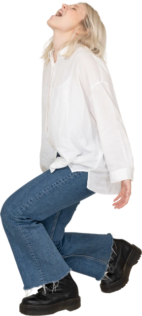 Side view of an exhausted blond female shouting and stepping aside