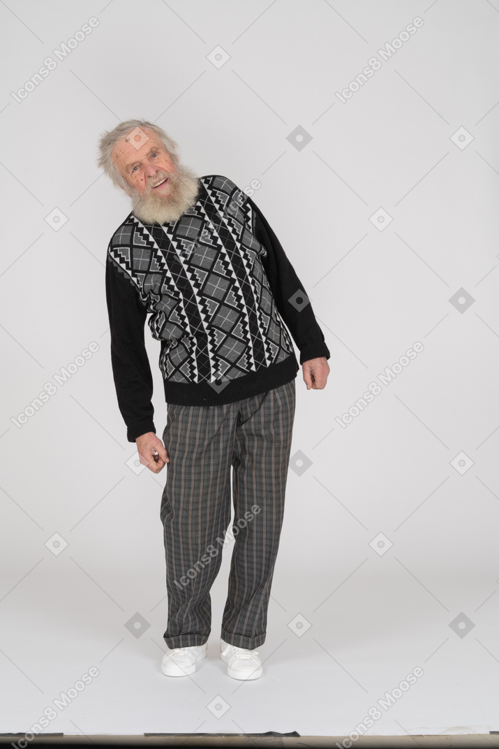 Old man standing and bending to the side
