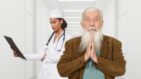 A doctor and a nurse standing in a hallway