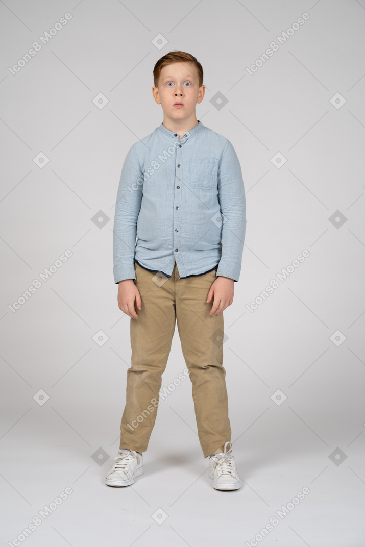 Мальчик в повседневной одежде смотрит в камеру