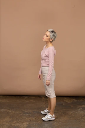 Side view of an upset woman in casual clothes