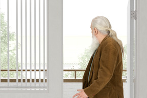 A man with a long white beard looking outside
